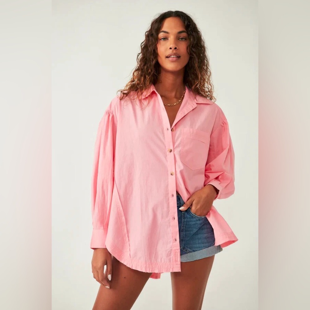 Free People We The Free Happy Hour Solid Poplin Top Pink Tunic Shirt